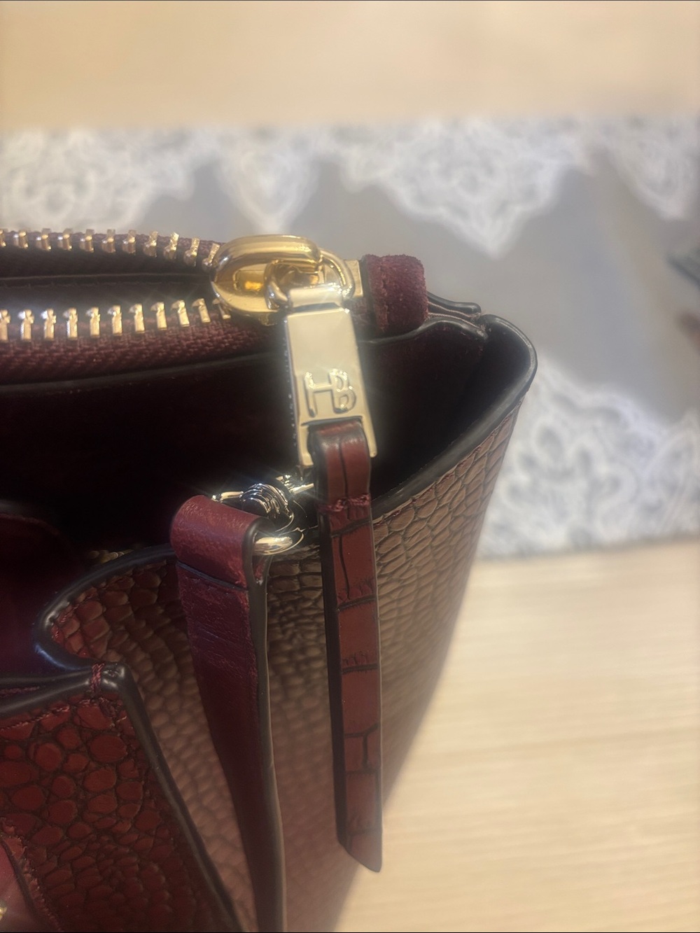 henri bendel Croc-Embossed Burgundy Tote with Card Pouch - Picture 6 of 14